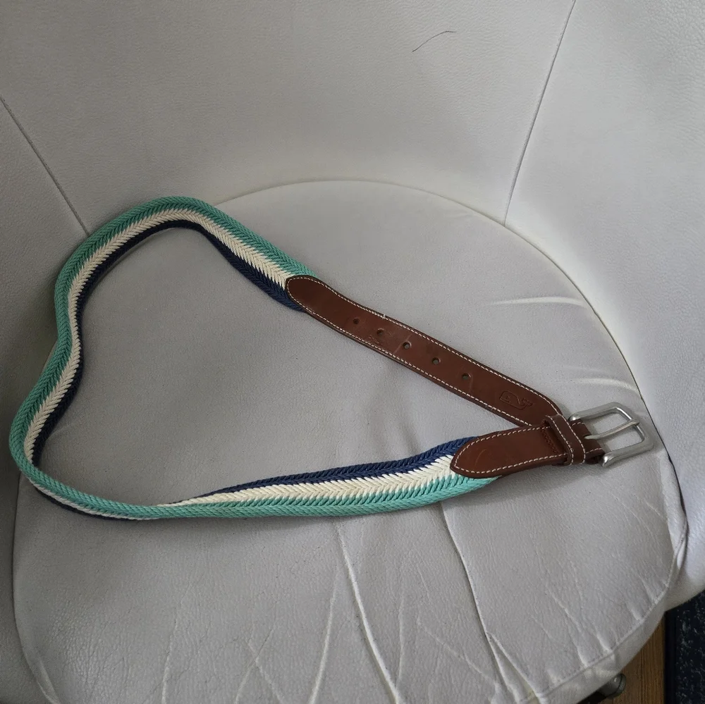 Vineyard Vines blue Green stripe woven cotton leather belt size 38
